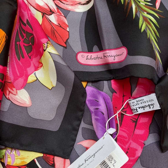 Salvatore Ferragamo Scarf Butterfly Flowers Black Multicolor Silk Wrap - Picture 10 of 16